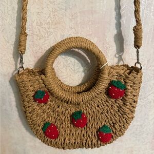 Marina Rylan Strawberry Embellished Tan Woven Crossbody Bag, NWT, Beach, Summer